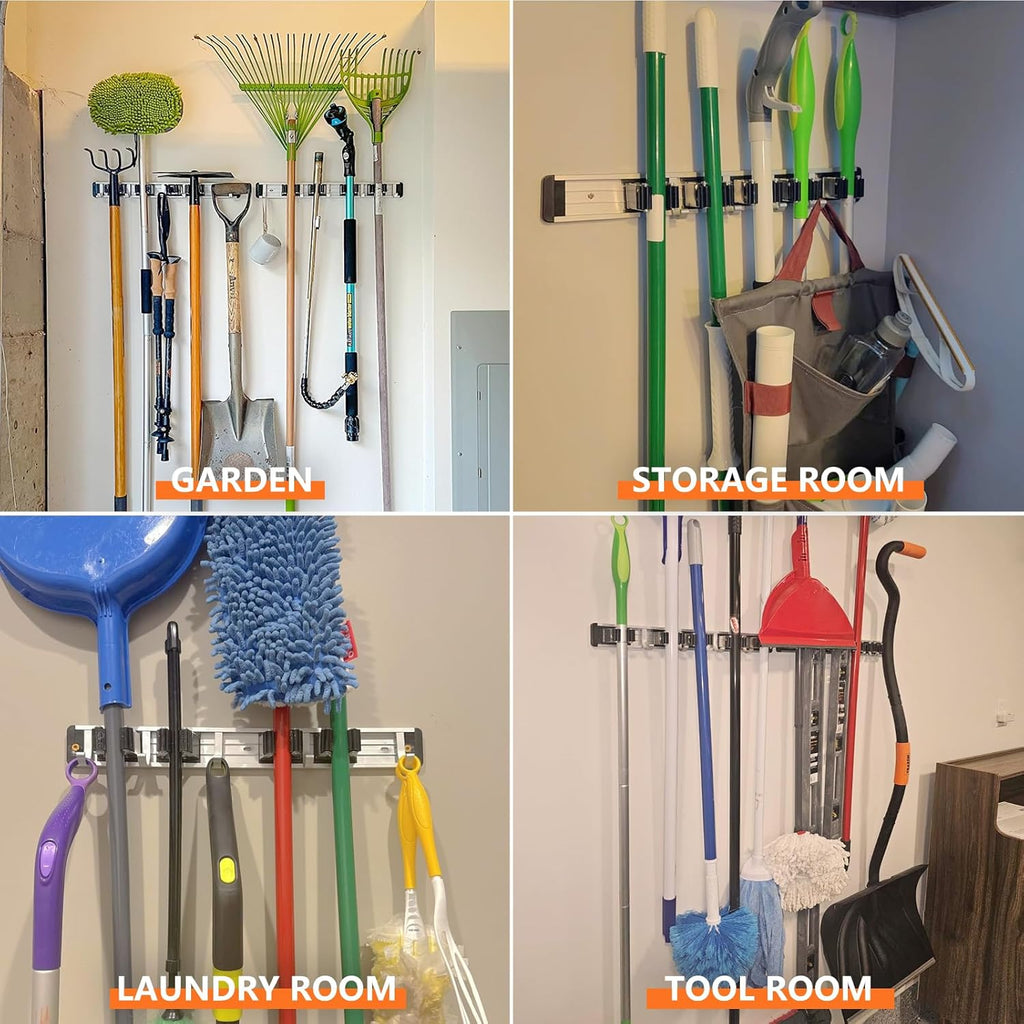 Reliahom Broom Holder Wall Mount - 2 Pack with 5 Racks & 4 Hooks | Black Mop Storage Organizer for Garage, Kitchen, Garden, Laundry Room