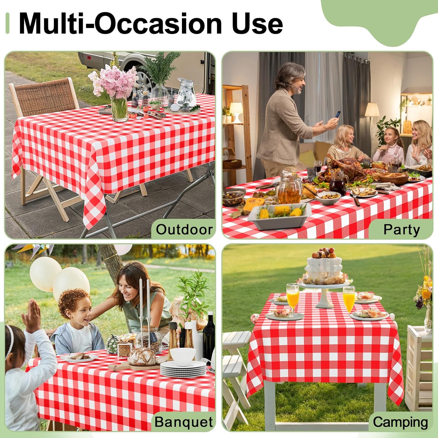 Smiry Disposable Tablecloths - 3 Pack Red Gingham Waterproof Rectangle Covers | 54" x 108" for Picnics & Parties