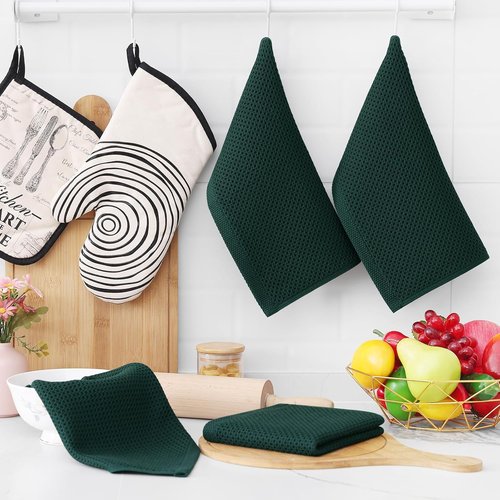 Homaxy Kitchen Dish Cloths - Ultra Soft 100% Cotton Waffle Weave, Quick Drying, 12x12 Inches, 8-Pack, Blackish Green
