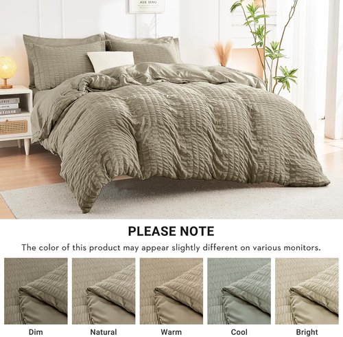 HYMOKEGE Linen Full Size Comforter Set - Luxurious 7-Piece All-Season Bedding in Seersucker Design