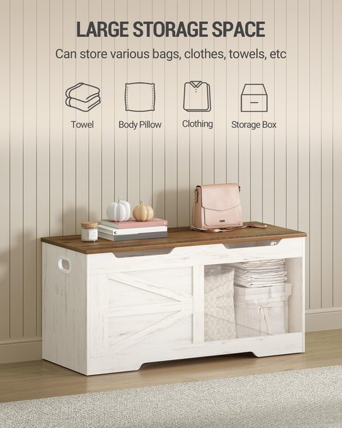 Hzuaneri 39.4" Storage Chest, Extra Large Storage Trunk with 2 Hinges, Wooden Box Bench, Lift-Top Organizer Chest, Shoe Bench for Entryway, Bedroom, Living Room, White and Brown SB03414X