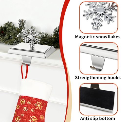 MNKXL Set of 4 Metal Christmas Stocking Holders for Mantle,Heavy Duty Weighted Stocking Holders for Mantle,Silver 3D Snowflake Stocking Holder for Tables Window Fireplace Christmas Decorations