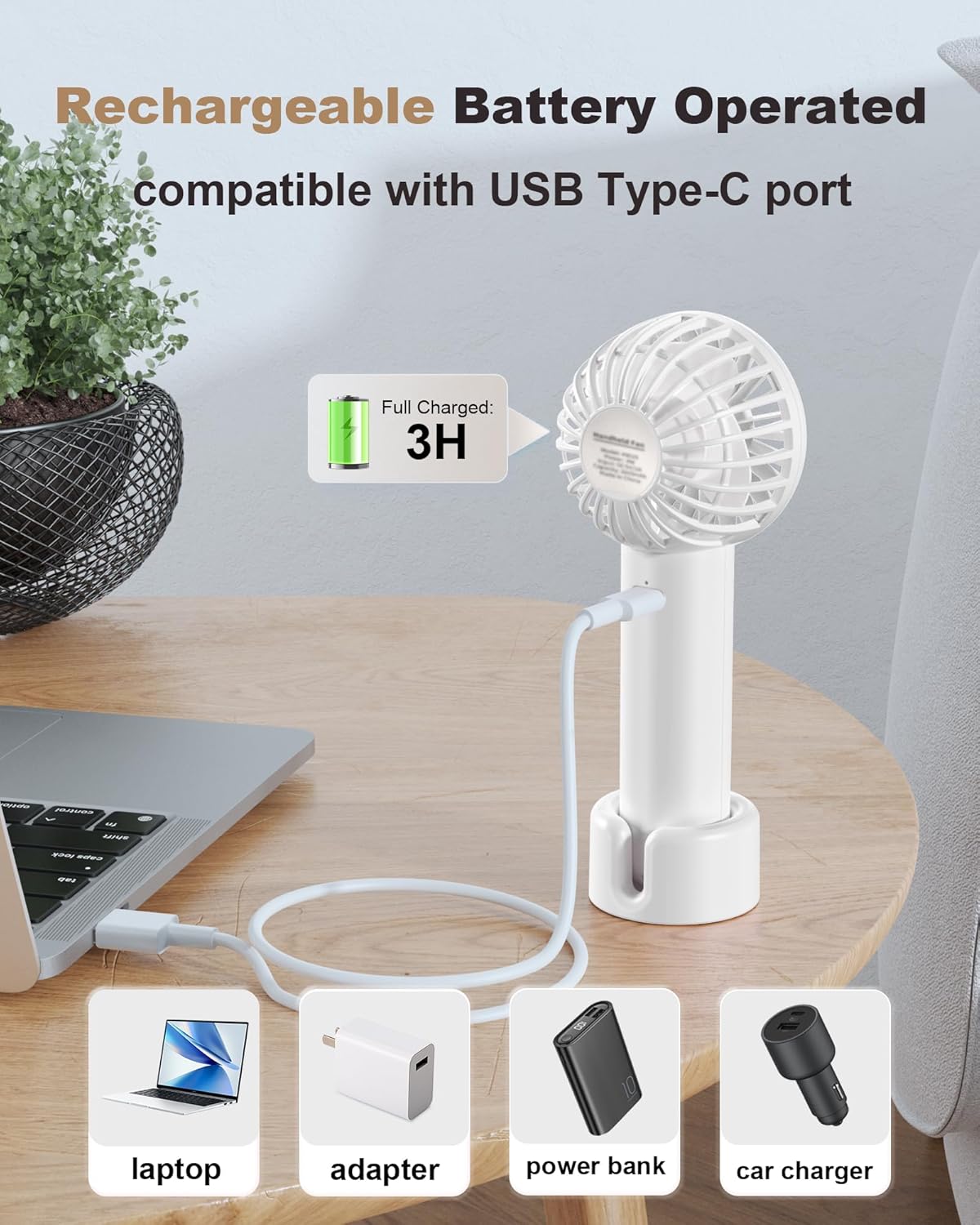 Skiennix Mini Handheld Fan - USB Rechargeable, 3 Speed Portable Design for Travel & Makeup - White