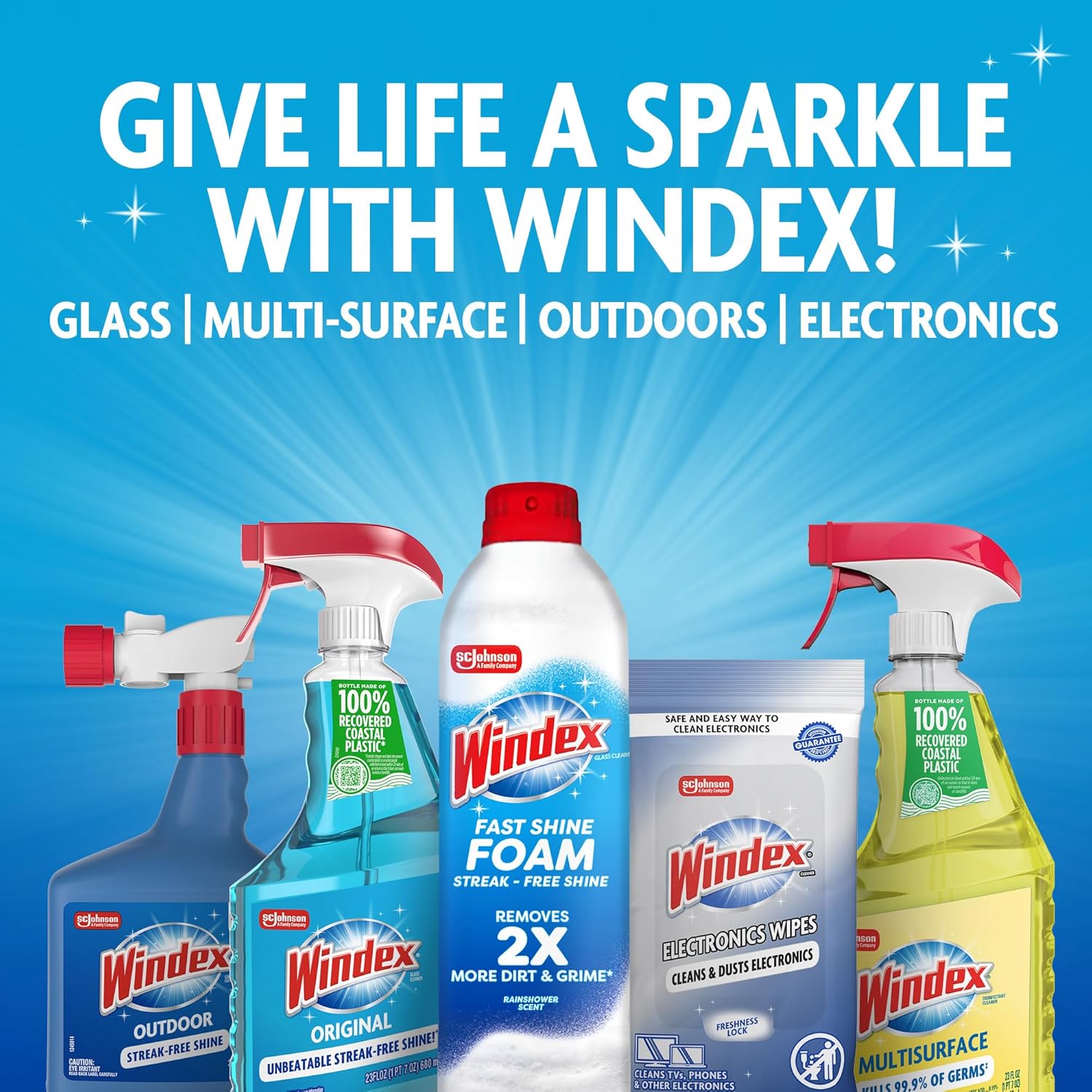 Windex Refill Glass & Window Cleaner - Eco-Friendly 100% Recycled Plastic, Original Blue Scent, 2L (Pack of 6)