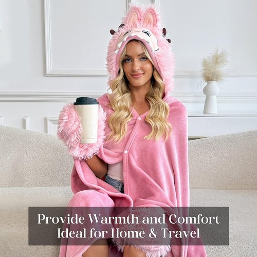 Wearable Blanket Hoodie, Christmas Blanket Hoodie Comfy and Fluffy, Flannel Hoodie Blanket for Women Men Adult Teen, Christmas Gifts for Women, Cozy Warm Soft Fuzzy Hooded Blanket Xmas Gift Ideas-Pink