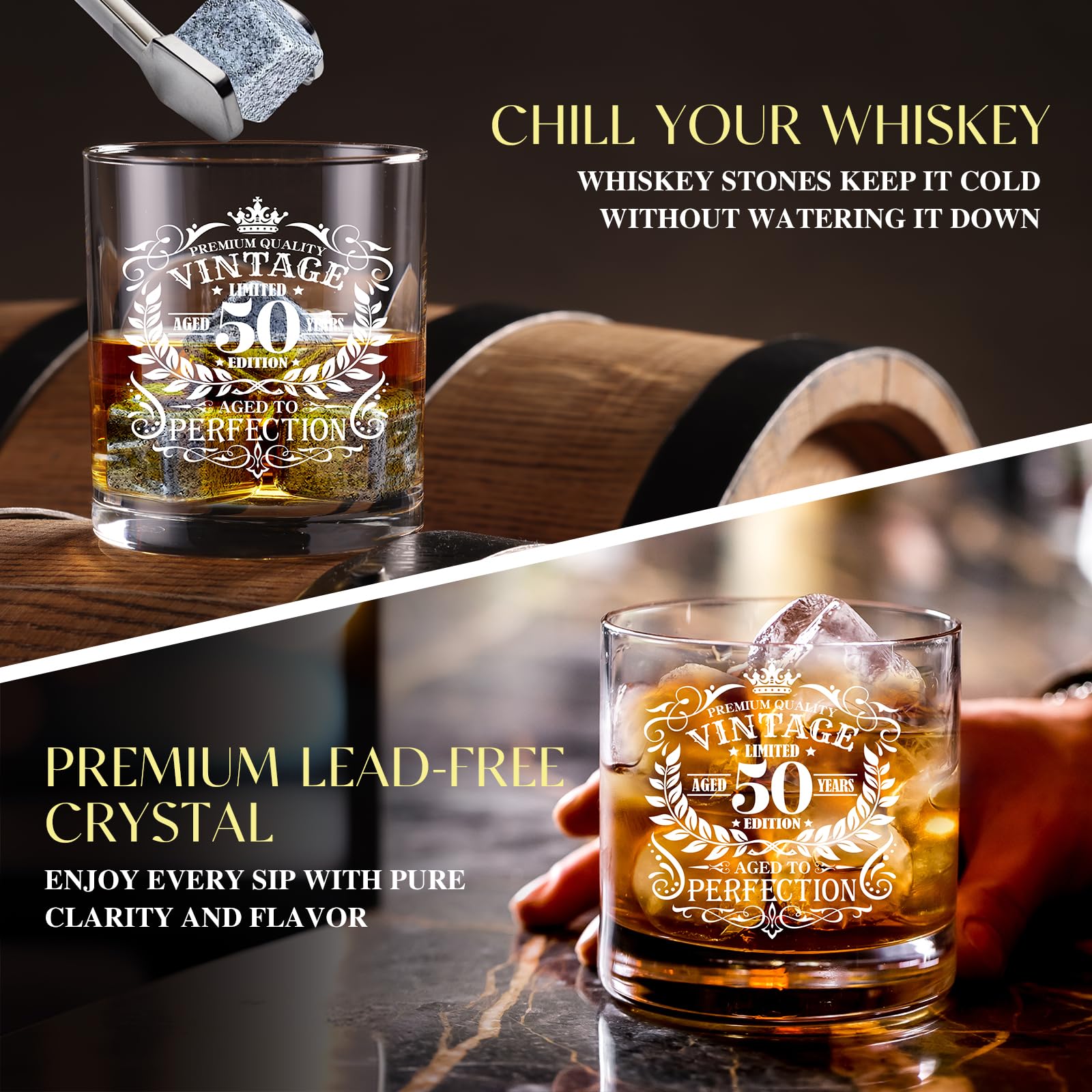 NVTROVI 50th Birthday Gifts for Men Whiskey Glass Set, 50th Birthday Party Supplies with 11 Oz Whiskey Glass Coaster Stone Baseball Cap Apron Sock Toilet Paper Keychain for Him, Dad, Husband, Friends