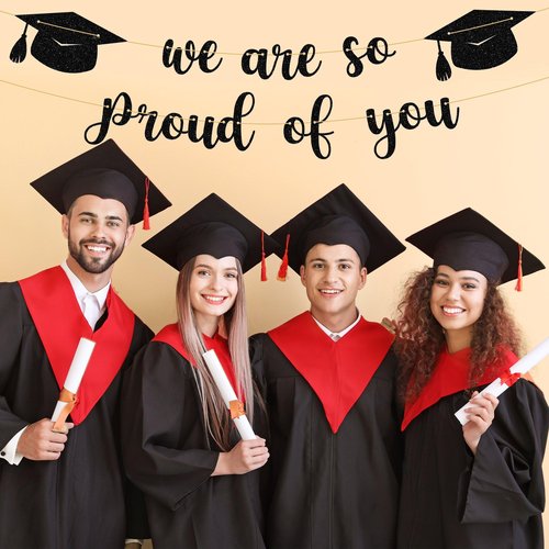 Qumic Graduation Decorations - 10 ft Black We are so Proud of You Banner, Black Graduate Banner, Happy Grad Supplies, Graduation Decorations for Middle School, High School, College