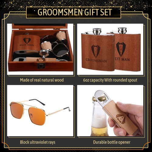 Acellegic 42 Pcs Groomsmen Gifts Set of 6, Groomsmen Proposal Box with Flasks Sunglasses Pine Box Funnel Bottle Opener Small Wooden Cups for Wedding Best Groomsman Man Gift