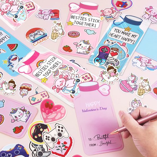 48 Packs Valentines Cards for Kids Classroom, Water Bottle Card with 200 Pcs Assorted Stickers, Valentines Day Exchange Gifts for Kids, Ideal Cards for Boys & Girls, Valentine’s School Prize