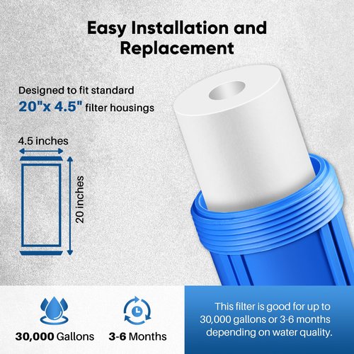 PUREPLUS 5 Micron 20" x 4.5" Whole House Sediment Home Water Filter Replacement Cartridge, Compatible with DGD-5005-20, AP810-2, P5-20BB, FP25B, FPMB5-20, 155358-43, SDC-45-2005, 4 Pack