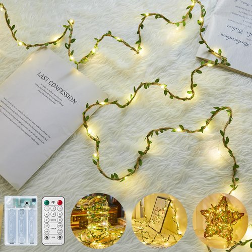 Minetom Vine Fairy Lights Battery Operated: 21ft 60 LED Leaf-Embellished Hemp Rope Fairy Lights with Remote - Twinkle String Lights for Girls Bedroom Dorm Room Wall Decorations