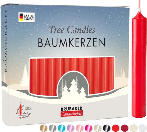 BRUBAKER Tree Candles - Red Pyramid Design - Pack of 20 - 3¾ x ½ Inches (9.5 x 1.27cm) - Made in Europe