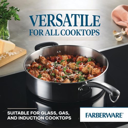 Farberware Brilliance Stainless Steel Saute Pan/Jumbo Cooker with Lid and Helper Handle, Induction Suitable, Dishwasher and Metal Utensil Safe, 6 Quart - Stainless Steel