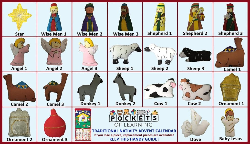 Pockets of Learning Joy To The World Traditional Nativity Advent Calendar - Holiday Décor, Fabric Wall Hanging, Christmas Countdown