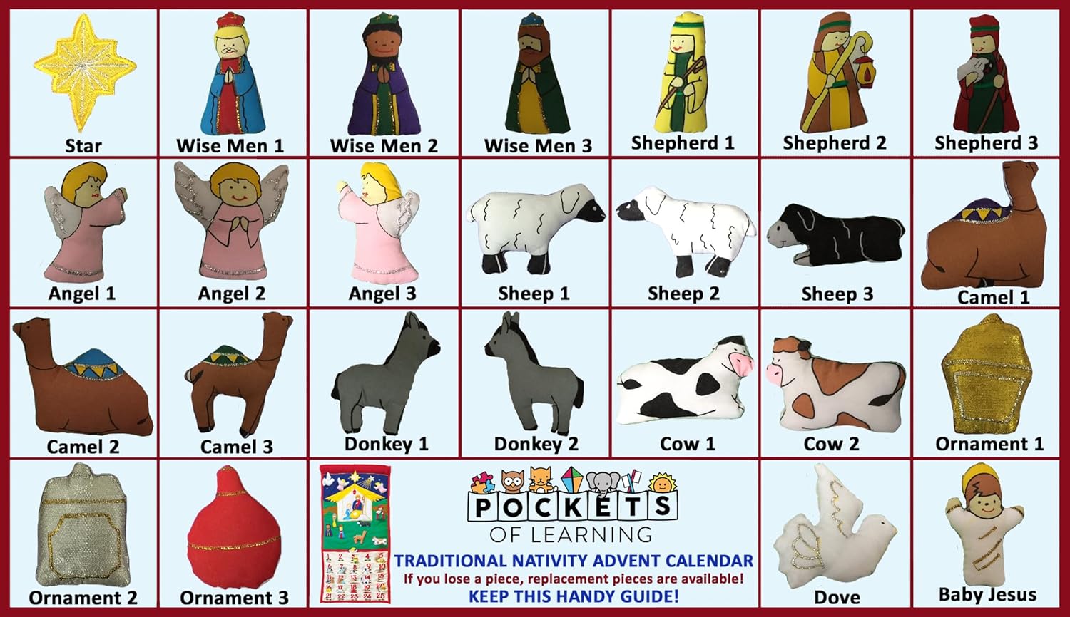 Pockets of Learning Joy To The World Traditional Nativity Advent Calendar - Holiday Décor, Fabric Wall Hanging, Christmas Countdown
