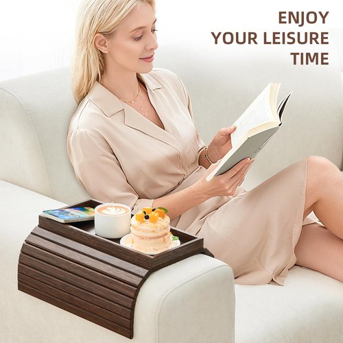 LOVYANXUE Couch Arm Tray, Anti-Falling Bamboo Sofa Armrest Tray Table, Foldable & Portable Armrest Tray Cup Holder Side Table for Drinks, Coffee, Phone, Snacks, Remote