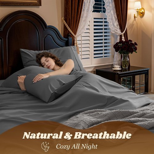 LBRO2M 100% Cotton Queen Sheet Set - 1000 Thread Count, Deep Pocket, Soft Dark Grey Bedding | 4 Pieces