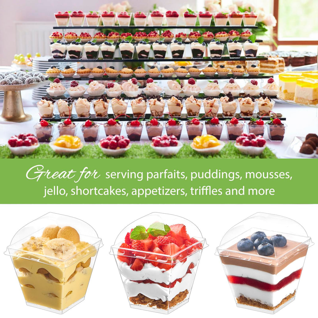 Zezzxu 50 Pack 7 oz Square Dessert Cups with Dome Lids and Spoons, Plastic Pudding Cups with Lids Mini Parfait Shooter Cups for Party Individual Banana Pudding Jello Yogurt Fruit Trifle