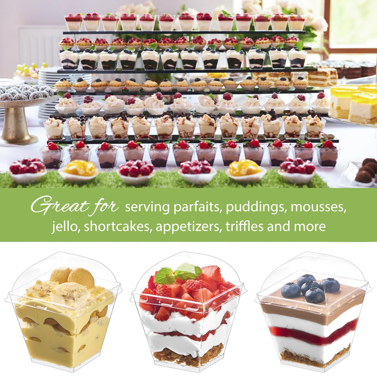 Zezzxu 50 Pack 7 oz Square Dessert Cups with Dome Lids and Spoons, Plastic Pudding Cups with Lids Mini Parfait Shooter Cups for Party Individual Banana Pudding Jello Yogurt Fruit Trifle