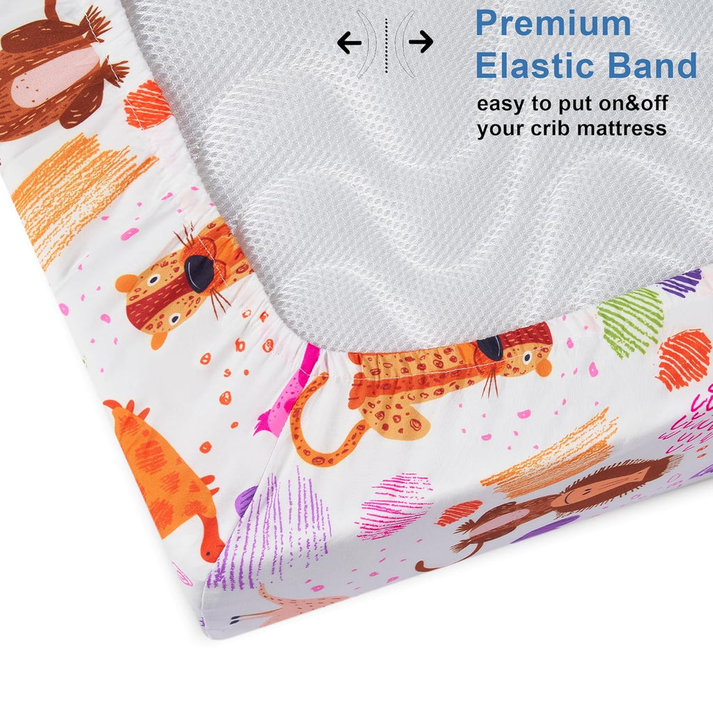 TILLYOU Baby Crib Sheets - Super Soft Toddler Bed Sheets, 2-Pack for Standard Crib Mattress 28x52in | Animal Graffiti