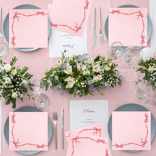 50Pack Red Pink Bow Paper Napkins Bachelorette Decorations Bow Theme Birthday Party, Bridal Engagement Decor, Girl Baby Shower Table Supplies 6.5''