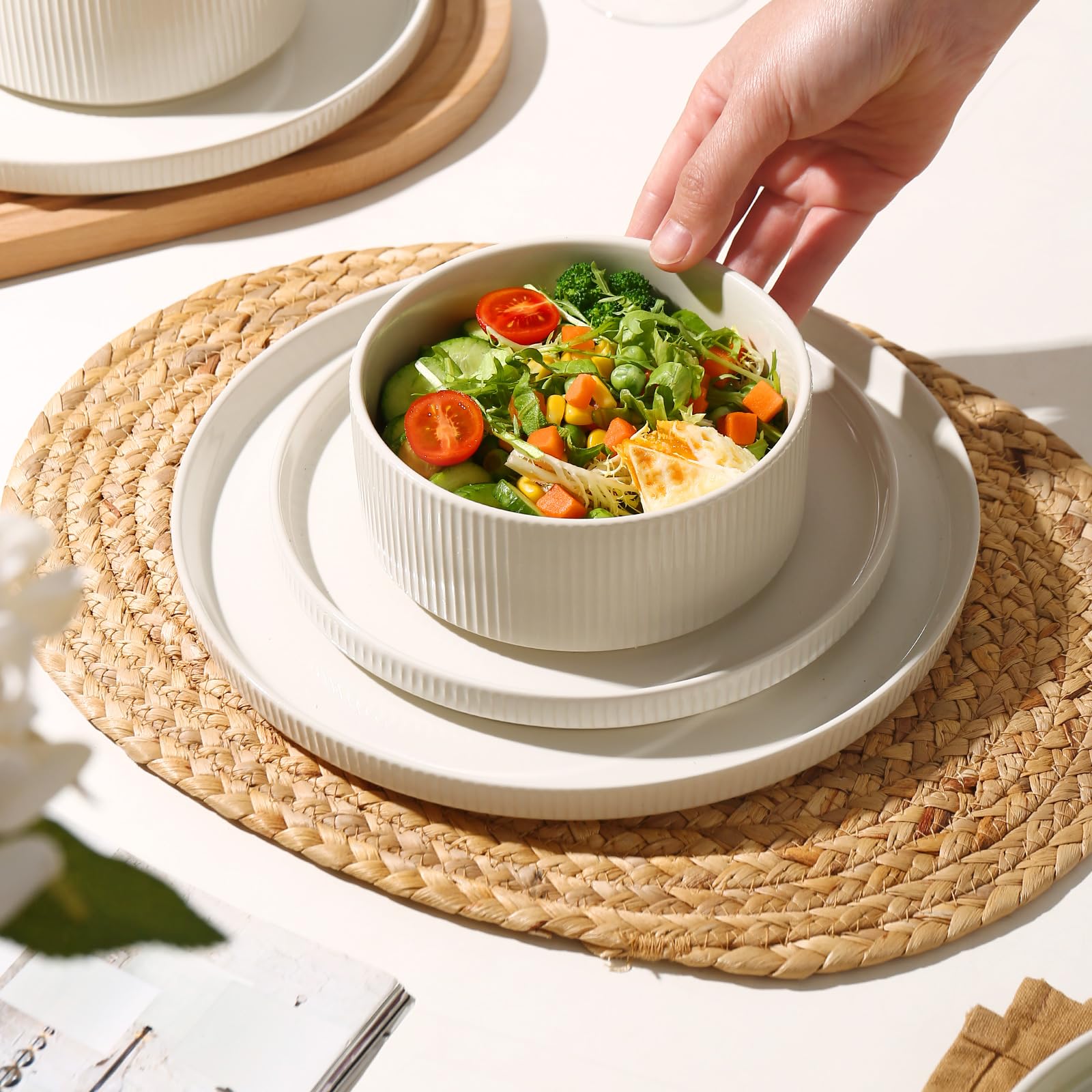 MONITO Ceramic Plates and Bowls Sets for 4, 12PCS Stoneware Dinnerware Sets, Reactive Glaze Dish Set, Chip and Scratch Resistant Double, Microwave and Dishwasher Safe,White