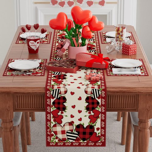XCHI Buffalo Plaid Love Hearts Roses Flowers Valentine's Day Table Runner Table Decoration for Party Home Kitchen Dining Holiday Decor 13x90 Inch