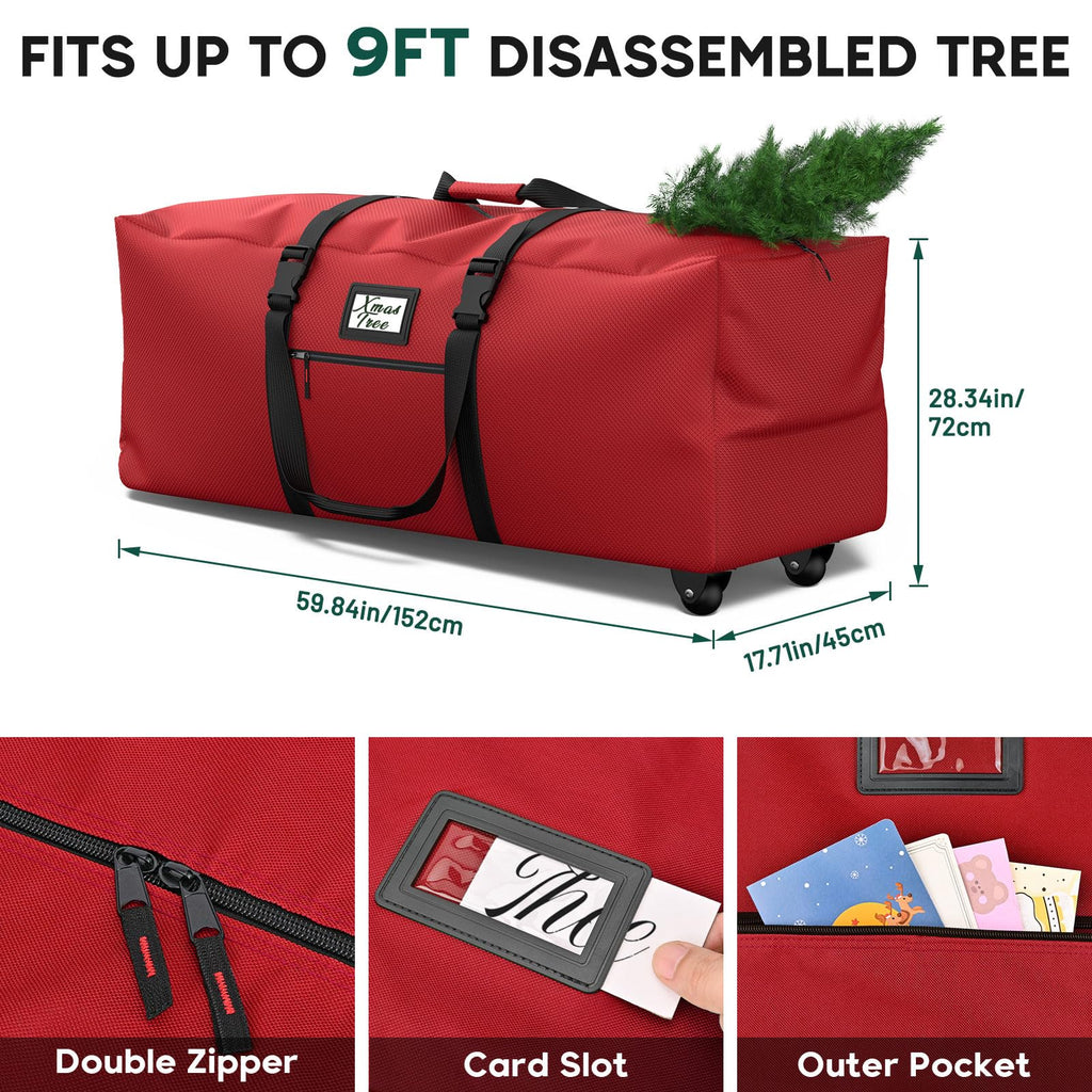Kesfitt Christmas Tree Storage Bag 9Ft, Rolling Christmas Tree Bag with Wheels, Christmas Tree Storage Box with Adjustable Straps Fits Artificial Tree, 600D Oxford Extra Large Heavy Duty, Dual Zippers