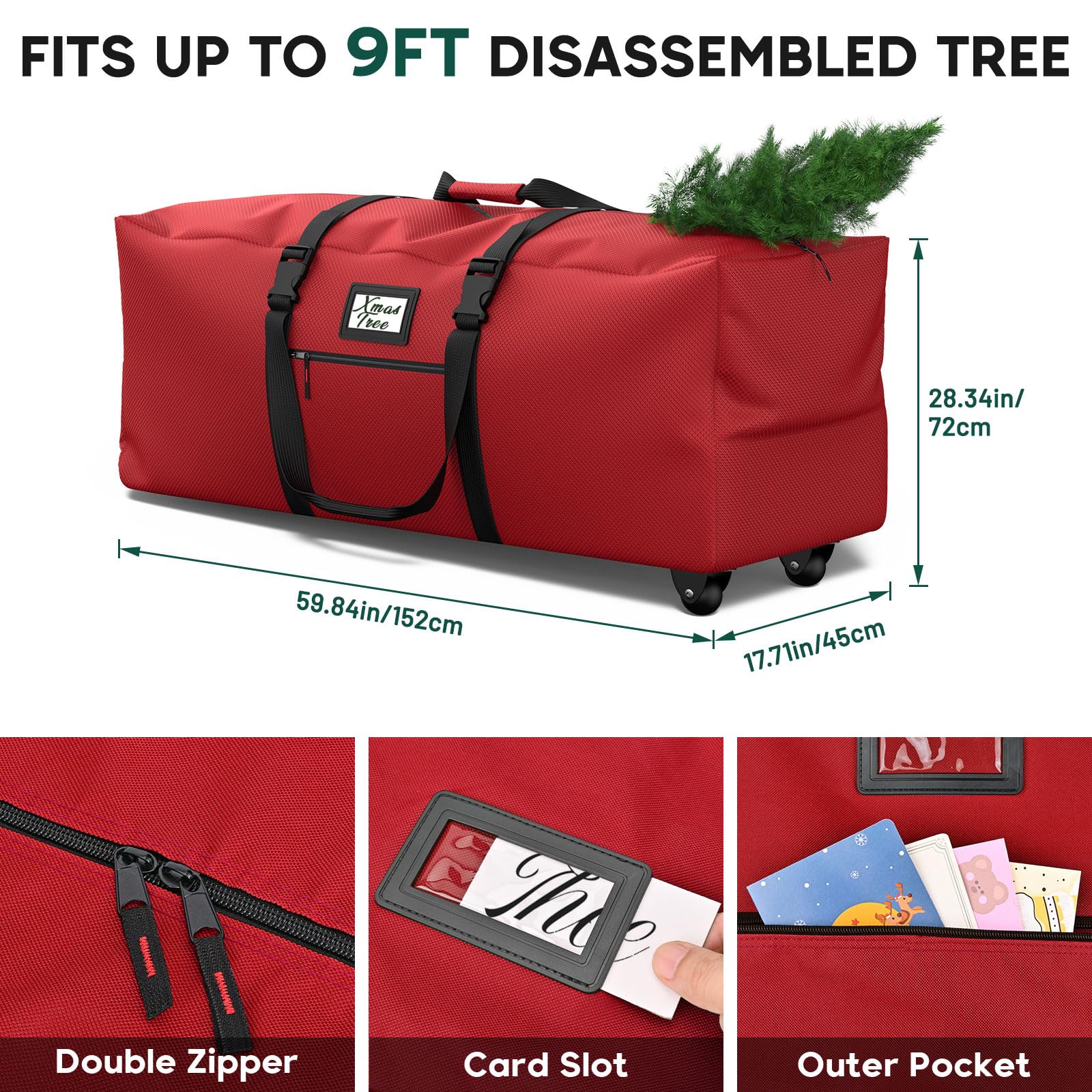 Kesfitt Christmas Tree Storage Bag 9Ft, Rolling Christmas Tree Bag with Wheels, Christmas Tree Storage Box with Adjustable Straps Fits Artificial Tree, 600D Oxford Extra Large Heavy Duty, Dual Zippers