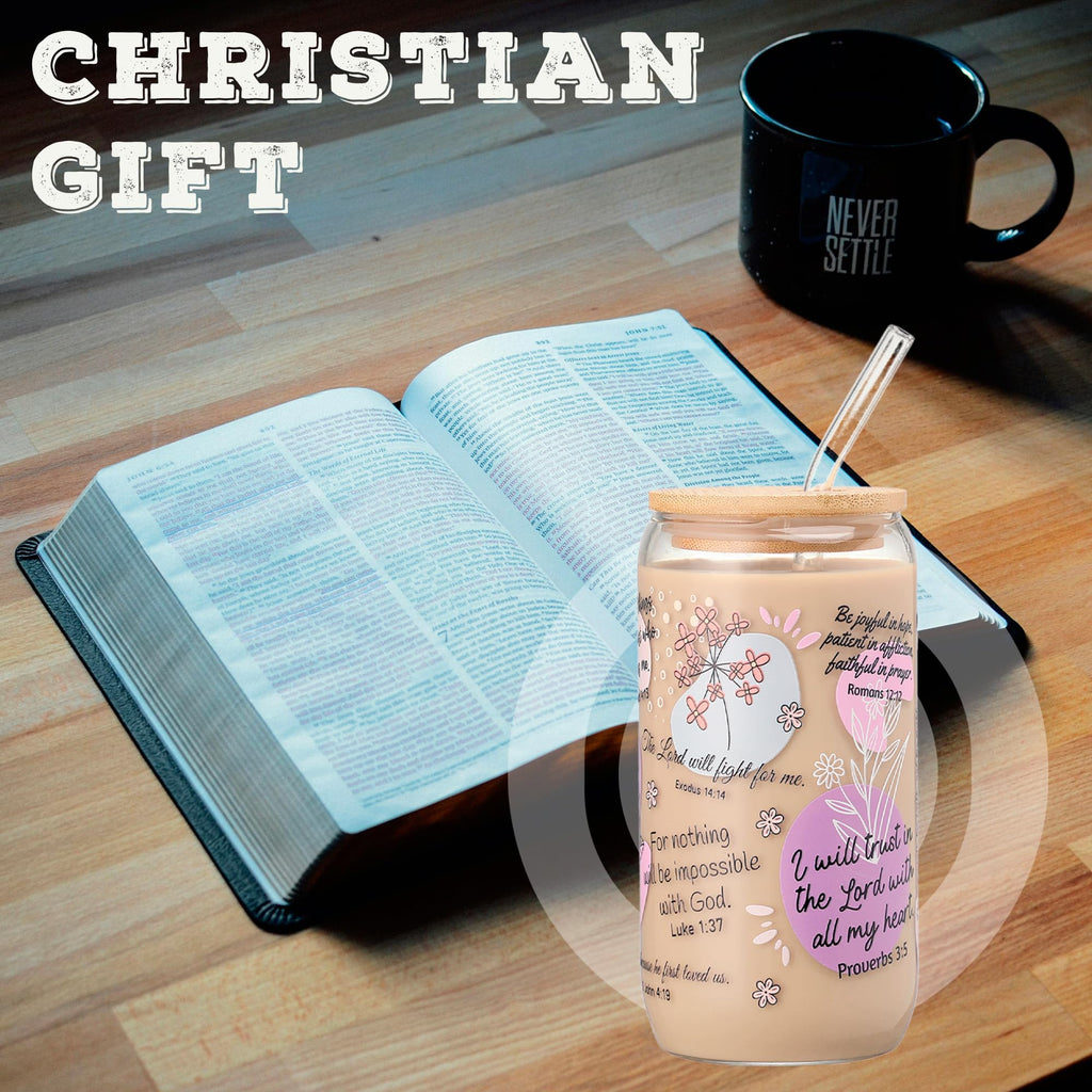 Xelewooz Christian Gifts for Women – 16oz Bible Verse Coffee Mug, Daily Bible Affirmations Glass Tumbler with Straw – Inspirational Religious Coffee Cup for Birthday, Mother’s Day, or Faith Lovers