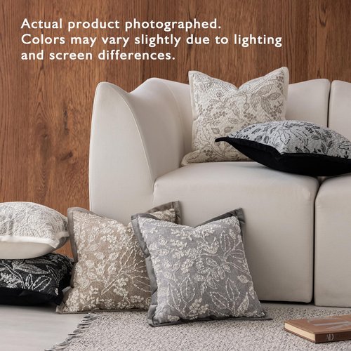 DWR Pack of 2 Decorative Throw Pillow Covers 18x18 – One Dark & One Light Khaki, Textured Woven Botanical Pattern Pillowcase with Handcrafted Look, Farmhouse Boho Accents for Couch or Bed