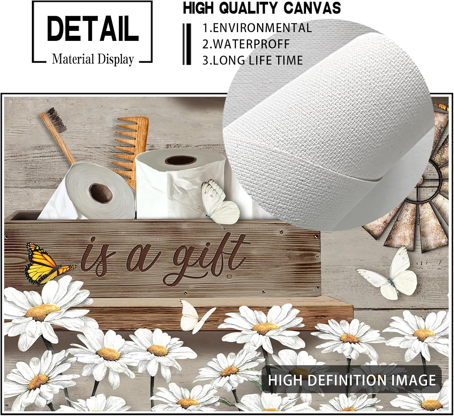 RAMEFLAO Rustic Daisy Wall Art - Vintage Canvas Print for Bathroom Decor | 16x20 Inch Ready to Hang