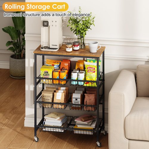 4-Tier Rolling Kitchen Storage Cart, Utility Kitchen Pantry Snack Organizer Cart with Wheels, Microwave Stand with Storage Shelf for Snack Fruit Vegetable Potato Onion, 6 Wire Basket and Wood Tabletop
