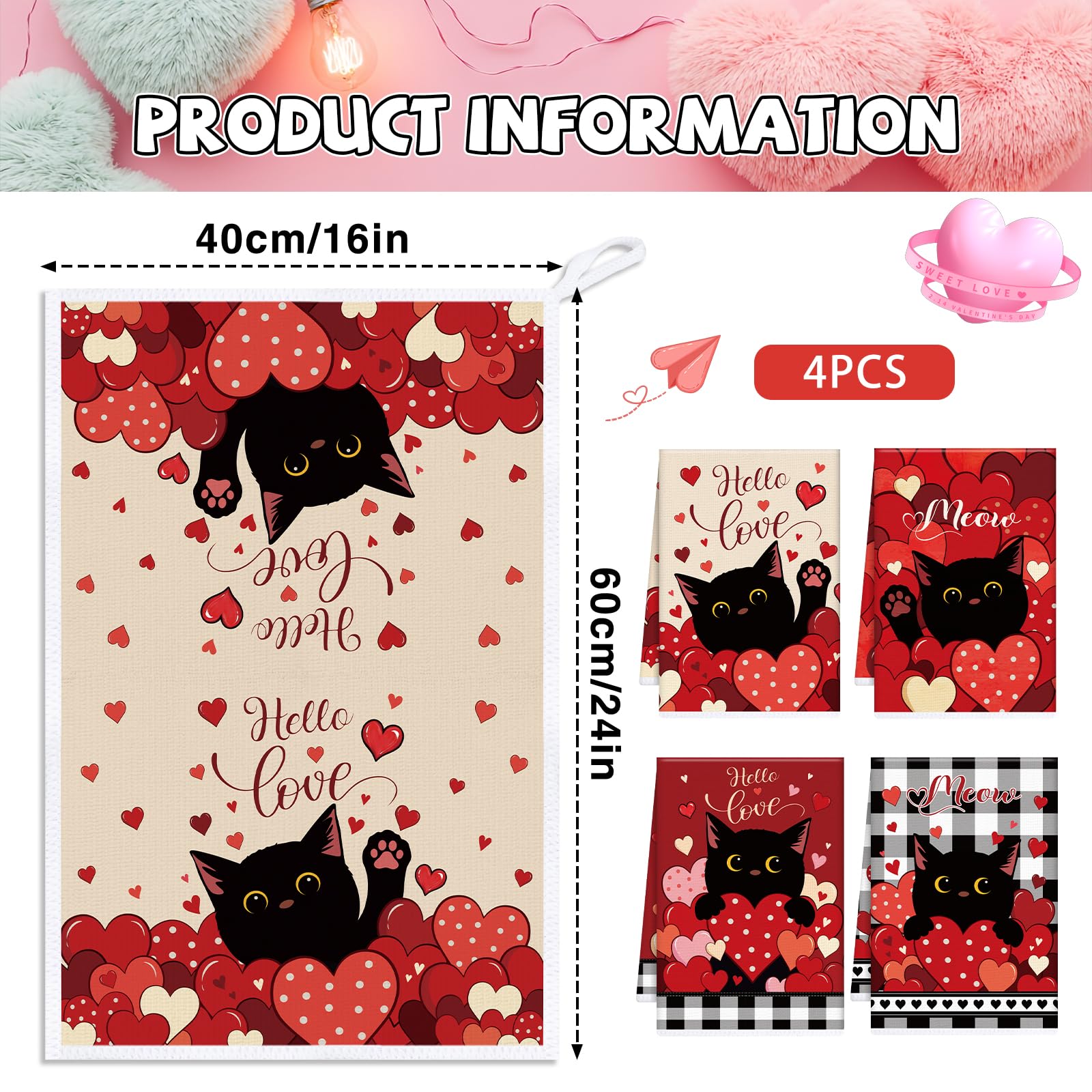 VISSTREE Valentines Day Kitchen Towels, 4 PCS Black Cat Red Heart Dish Towels, Absorbent Hello Love Dish Cloth Hand Towel for Kitchen Anniversary Wedding Valentines Decoration Housewarming Gifts