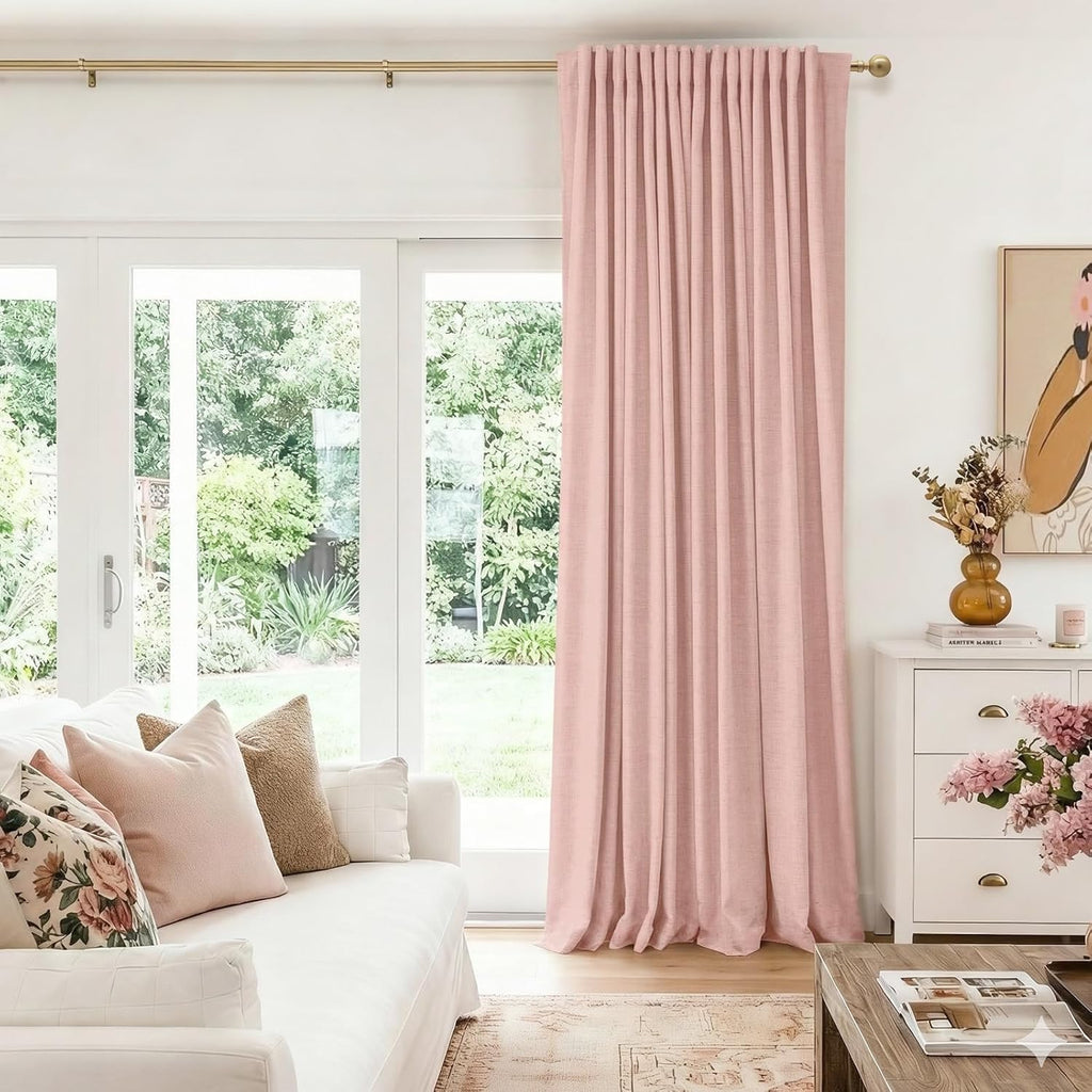 Skiennix 100% Blackout Linen Curtains - Thermal Insulated Drapes for Bedroom | 90" Long, Blush Pink