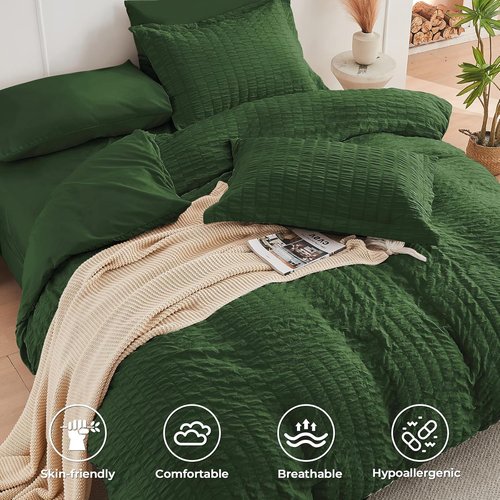 HYMOKEGE California King Comforter Set - Dark Green Seersucker 7-Piece Luxury Bedding Set