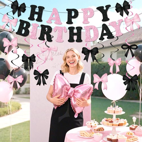 Pink and Black Bow Birthday Banner Decorations Glitter Black Pink Happy Birthday Banner Galand and 10Pcs Bow Hanging Swirls Coquette Party Decorations for Girls Women Bday Baby Shower Party Supplies