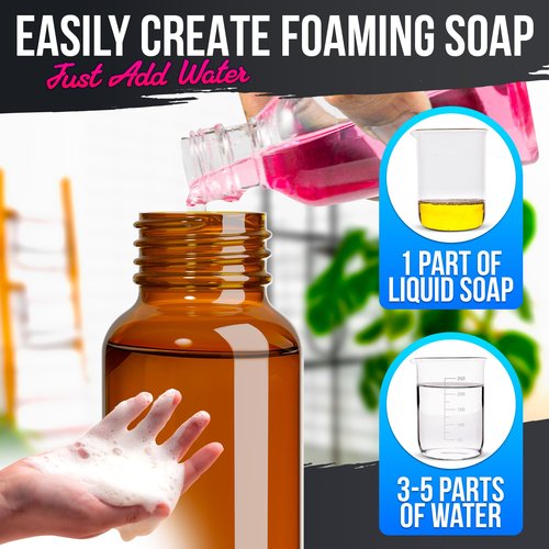 2 Pcs Amber Foaming Soap Dispenser Glass - 8.5 Oz Stylish Foam Pump Bottle for Bathroom or Kitchen Use - Compatible with Hand Wash, Dish Liquid, Shampoo and Gel | Non-Slip Bottom, 6 Label Stickers