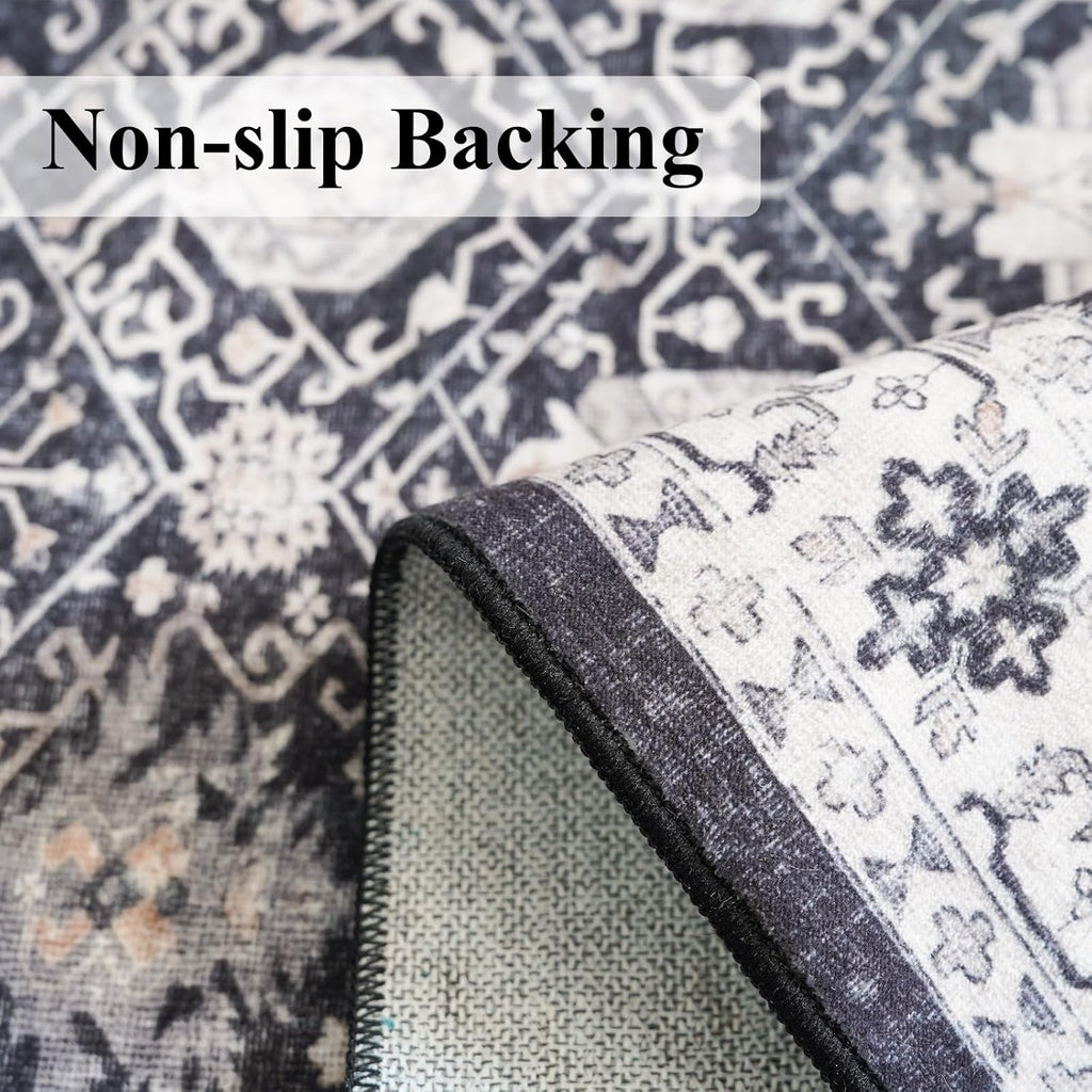 Skiennix Washable 4x12 Hallway Runner Rug - Vintage Soft Carpet, Stain Resistant, Non-Slip Backing | Black