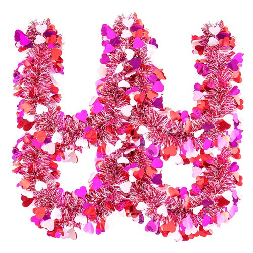 Gloreyan 20FT/6M Valentines Day Tinsel Garland, Red Pink White Heart Metallic Tinsel Twist Garland Hanging Decoration for Valentine’s Day Wedding Birthday Party Supplies