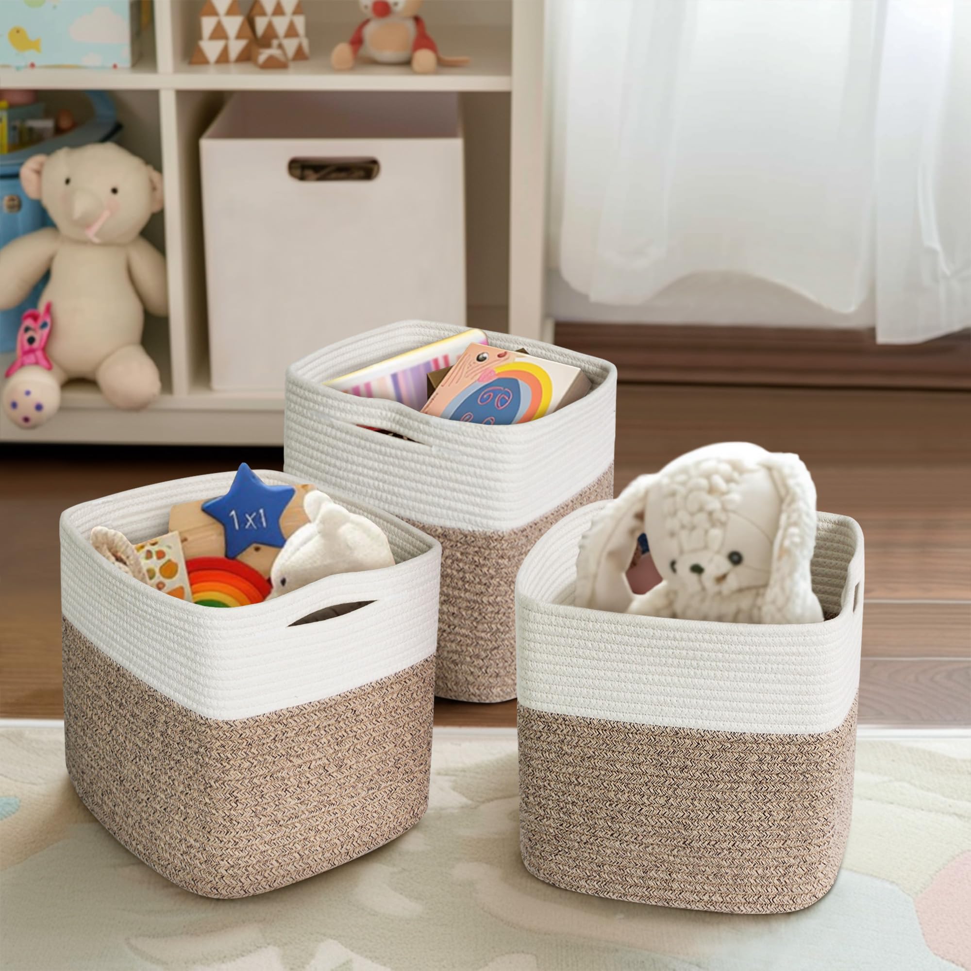 WILLITAT 13x13x13 inch Cube Storage Bin, 3-Pack Woven Cotton Rope Baskets for Organizing, 13 inch Square Storage Cubes for Shelves, Cute Kids Toy Bin Box, Baby Nursery Decorative Closet Organizer