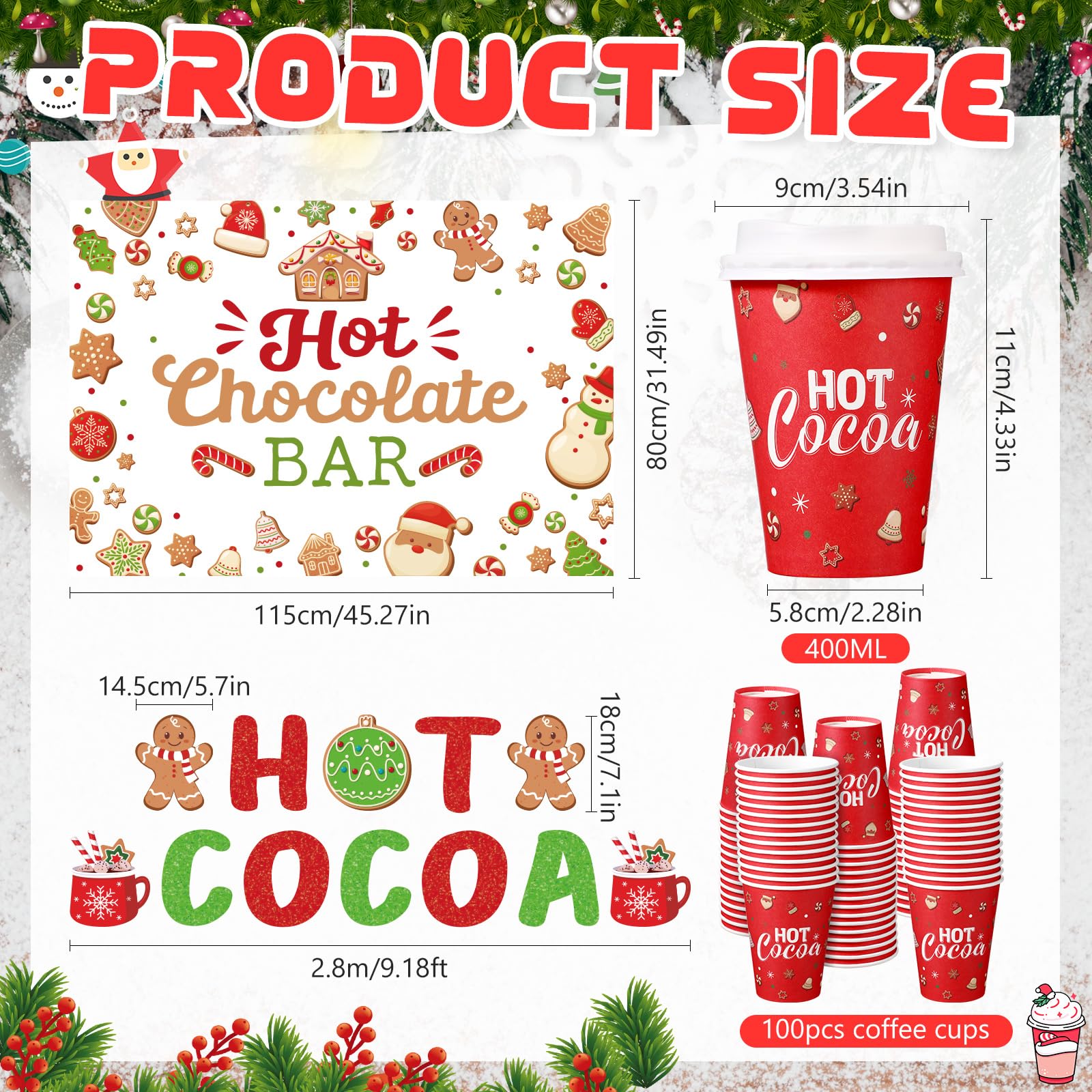Sliner 103 Pcs Hot Chocolate Stand Bar Supplies Kit Include 1.3 Gallon Hot Cocoa Drink Dispenser, Banner Sign, Tablecloth, 100 Disposable Paper Cups with Lids for Christmas Winter Party(Multicolor)