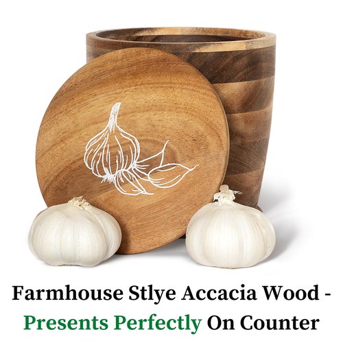 Jean Lemond Introducing The Always Fresh Acacia Garlic Keeper For Counter. A Crafted Large Garlic Storage Jar. A Rustic Garlic Holder Container Pot Saver With Lid.