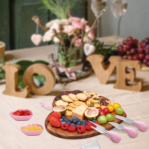 hecef 7pcs Cheese Board Set, Charcuterie Boards Set with Knives & Ceramic Bowls, Heart-shape Serving Board Set for Birthdays, Weddings, Feast, Housewarming(Pink)