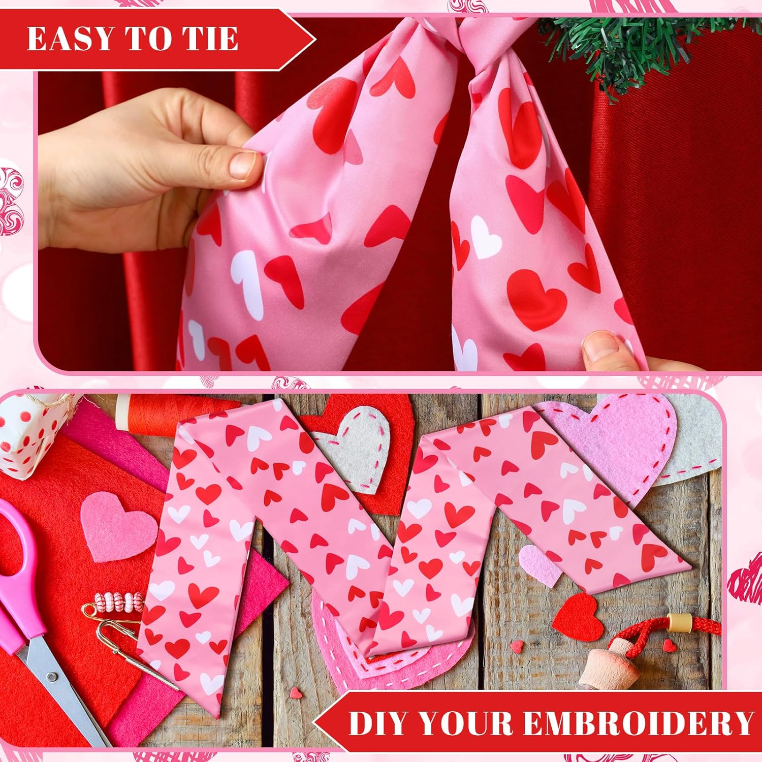 Skiennix Wreath Sash - Satin Blank Sash for Front Door Decor | Romantic Heart Print, Red & Pink