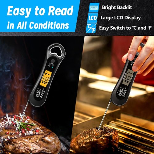 Meat Thermometer - Skiennix Instant Read Digital Thermometer with Backlight & Bottle Opener | Perfect for BBQ, Turkey & Candy