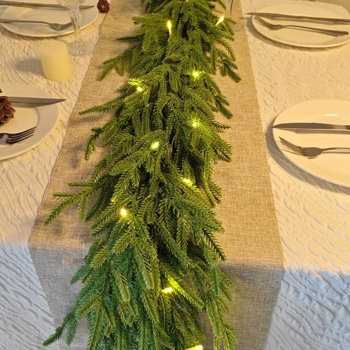 2 Pcs Christmas Garland with Lights 6 Ft, Real Touch Norfolk Pine Garland for Mantle, Christmas Decorations Indoor Outdoor for Wall Fireplace, Faux Greenery Cedar Garland Realistic for Table Decor