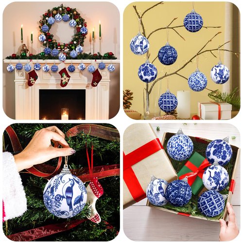 Preboun 12 Pcs Christmas Chinoiserie Ball Ornaments Blue and White Chinoiserie Tree Decoration Christmas Tree Hanging Ornaments Fabric Wrapped Home Xmas Decor for Modern Party (Blue,1.97 Inch)