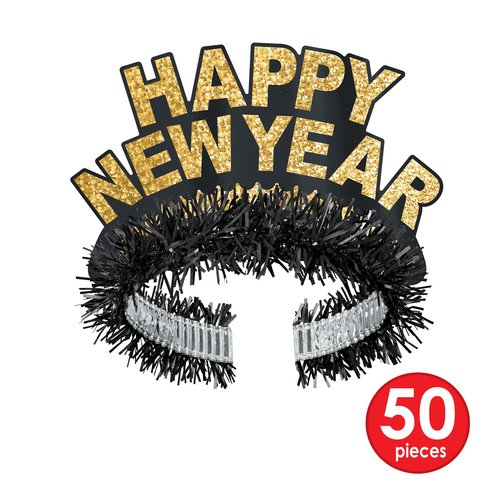 Beistle Black and Gold Happy New Year Regal Tiaras – 50-Pack Glittered NYE Headbands with Metallic Fringe and Crown Design for Midnight Celebrations, Countdown Events and HNY Party Supplies