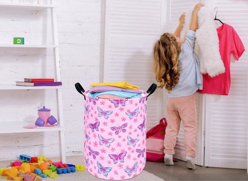 HUAYEE Round Butterfly Pattern Laundry Hamper Storage Basket Fabric Material Storage Hamper Organization Basket, Storage Bin, Gift Box with Handles for Room